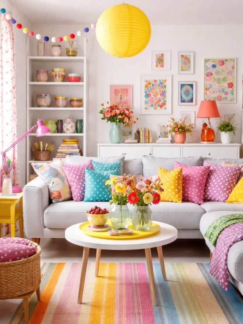 Bright Living Room with Multi-Colored Dot Pillows and Striped Rug
