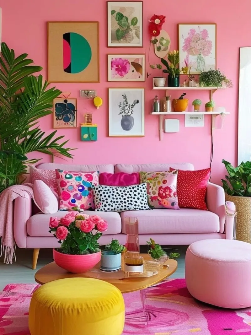 Bubblegum Pink Living Room with Mismatched Throw Pillows and Sunny Yellow Accents