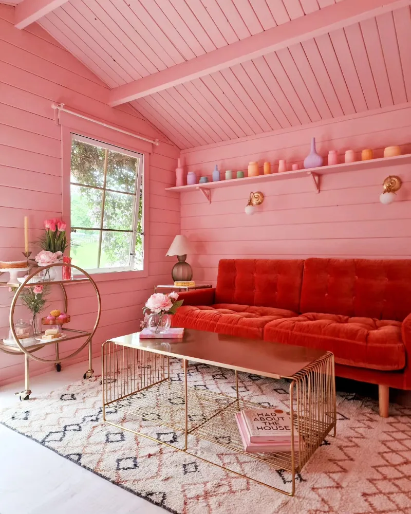 Bubblegum Pink Painted Lounge with Tufted Velvet Coral Sofa