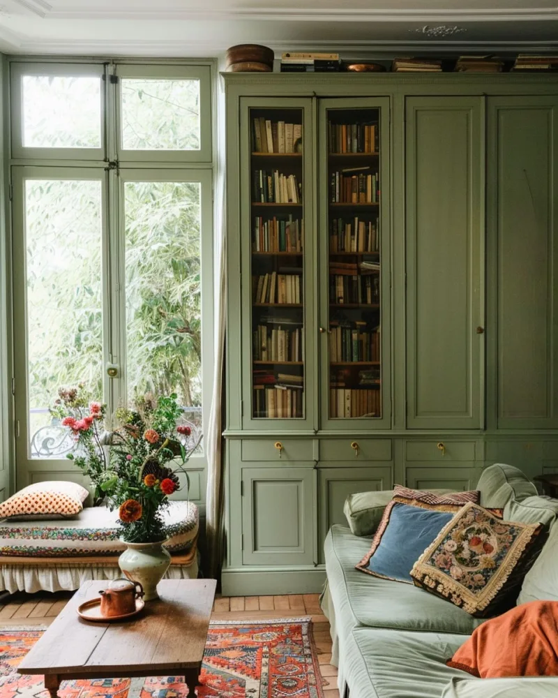 Built-In Muted Sage Bookcase Cabinetry Beside Tall Window and Layered Textiles