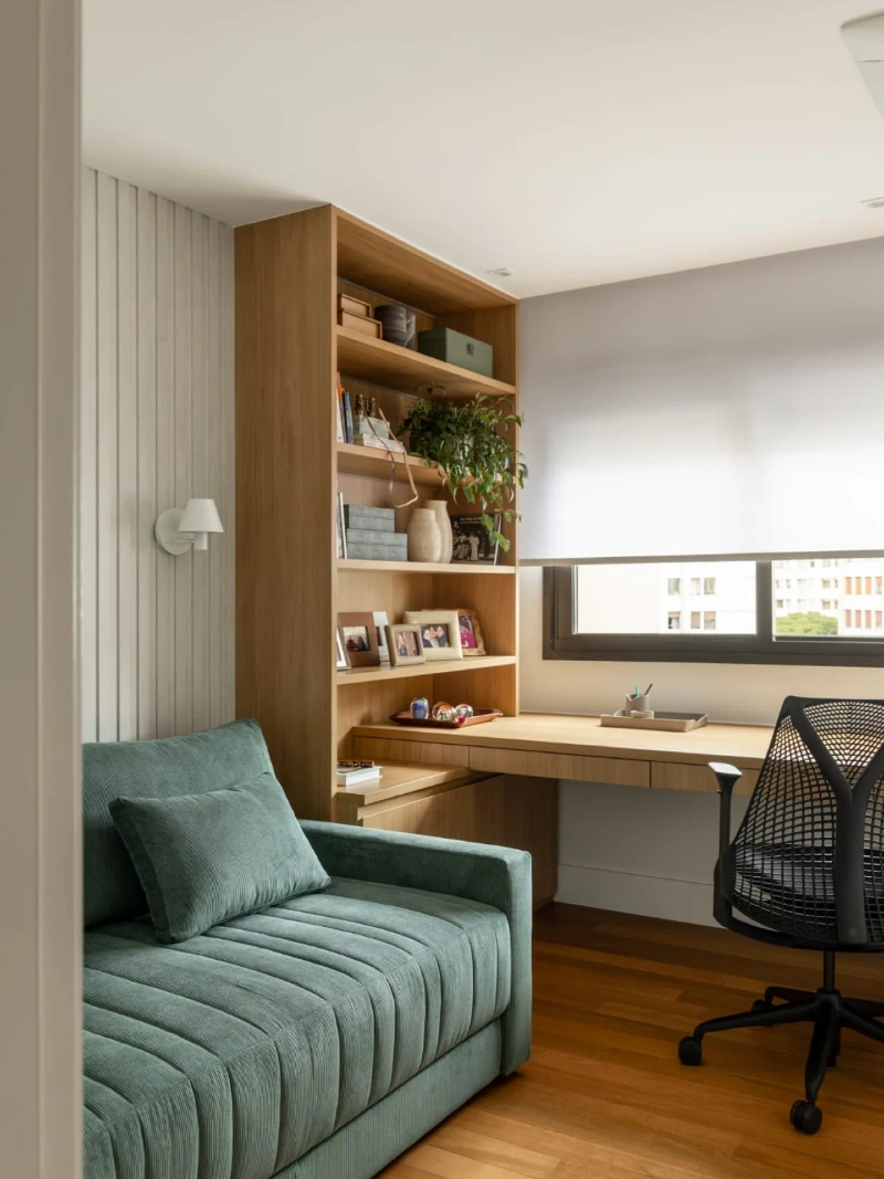 Built In Oak Workstation with Open Shelving and Reading Chair