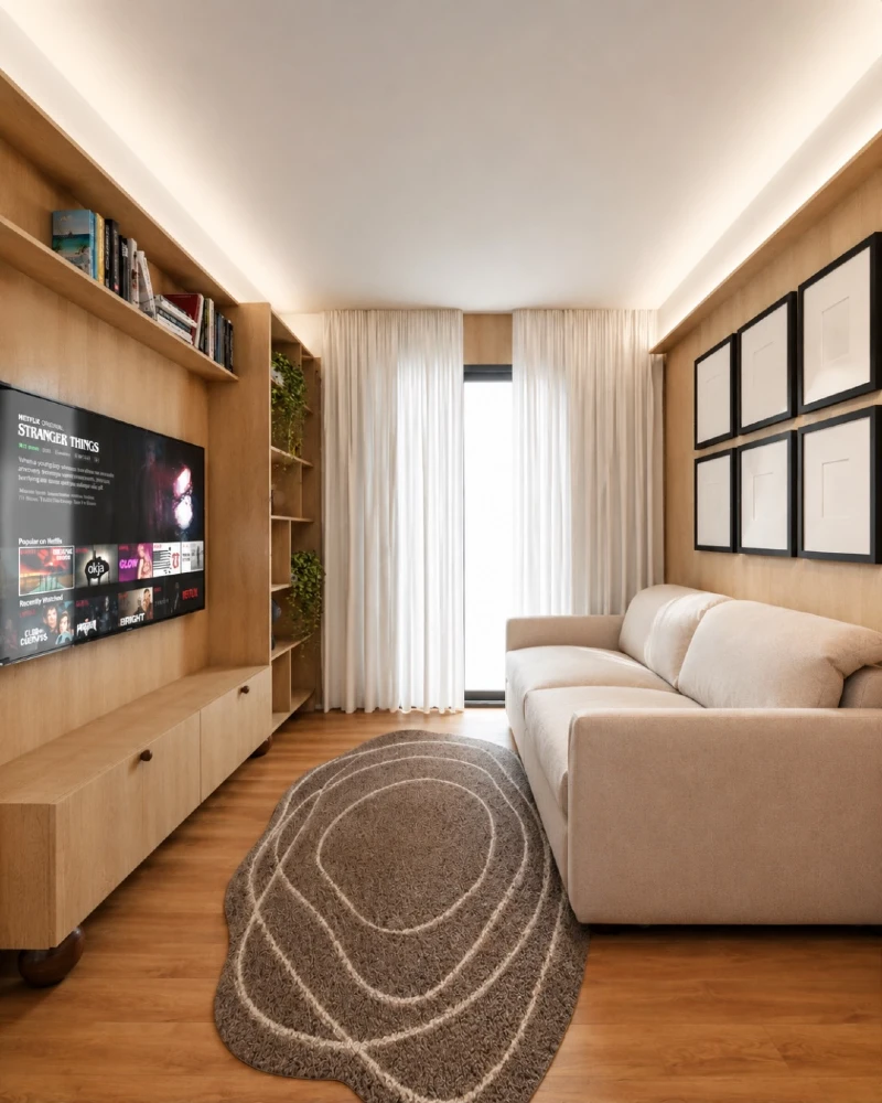 Built-In Wood Media Wall with Cream Sofa and Concentric Oval Shag Rug