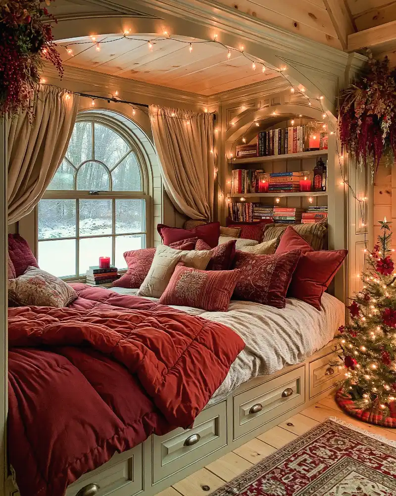 Built-in Alcove Bed with Warm Fairy Lights, Crimson Pillows, and Snowy Arch Window