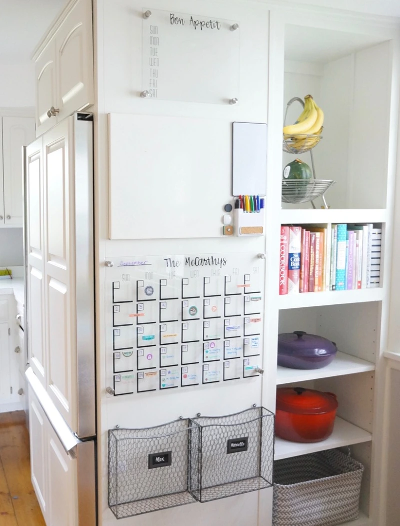 Built-in Kitchen Cabinet Side Command Station with Acrylic Planners and Wire Baskets