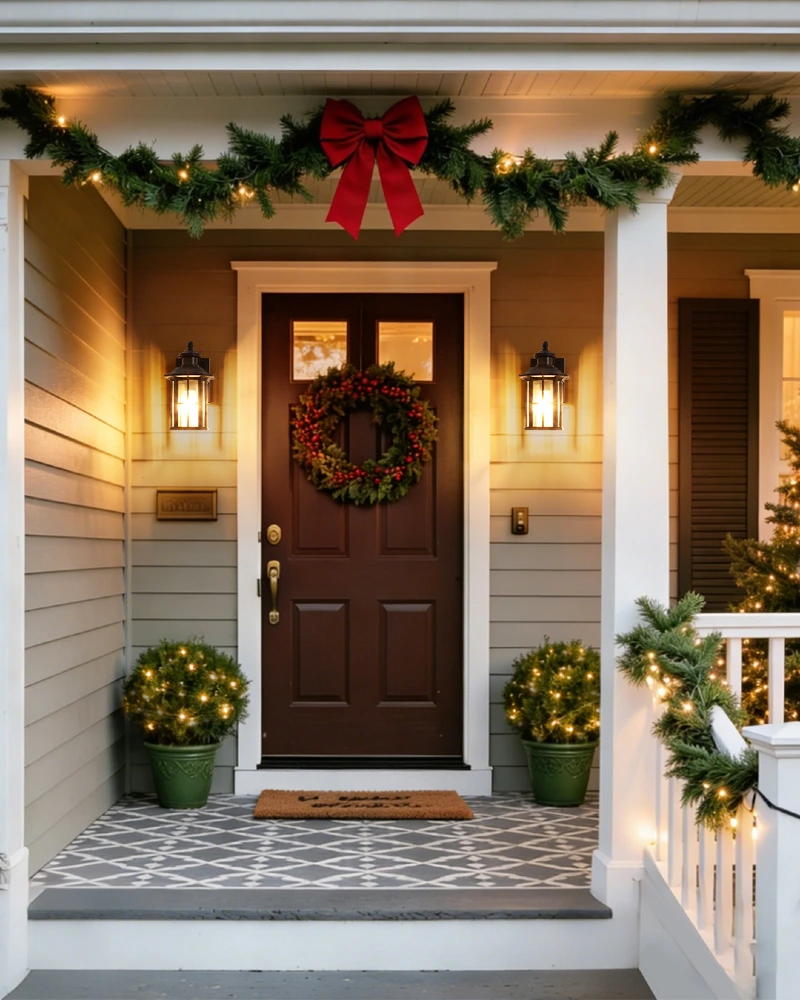 Burgundy Front Door with Lit Garland and Red Bow