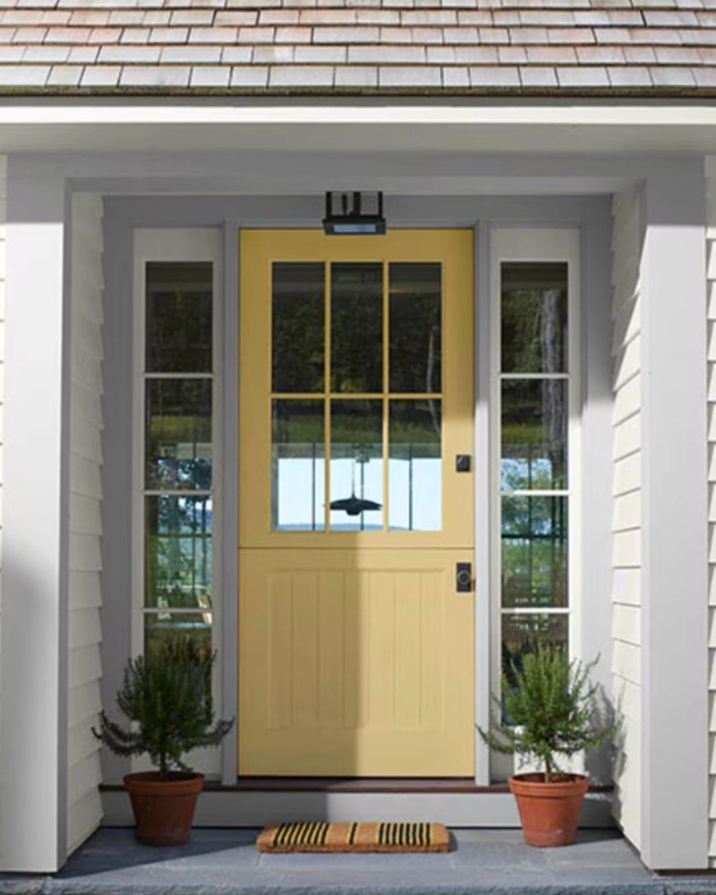 Butter Yellow Craftsman Door with Gridded Glass and White Sidelights