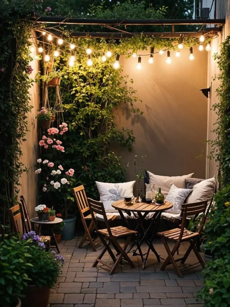 Café-Style Courtyard with Folding Bistro Set and Overhead String Lights