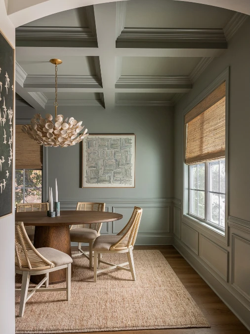 Calm Jade Green Dining Room With Woven Textures