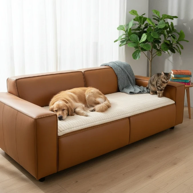 Camel Leather Sofa Hosts Both A Dog And A Cat