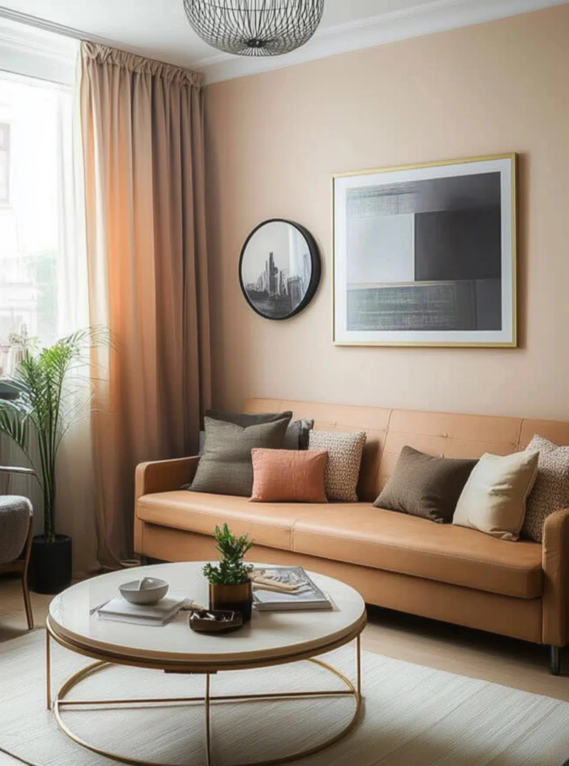 Camel Sofa with Round Coffee Table and Full-Length Drapes