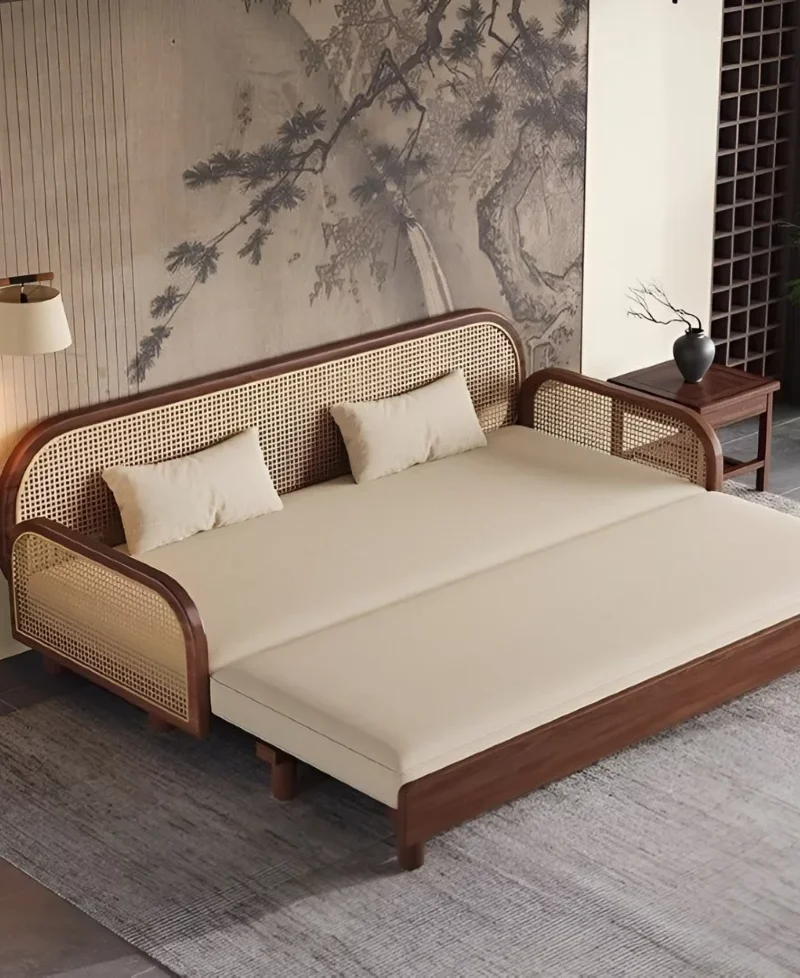 Cane Frame Daybed That Opens into a Wide Guest Bed