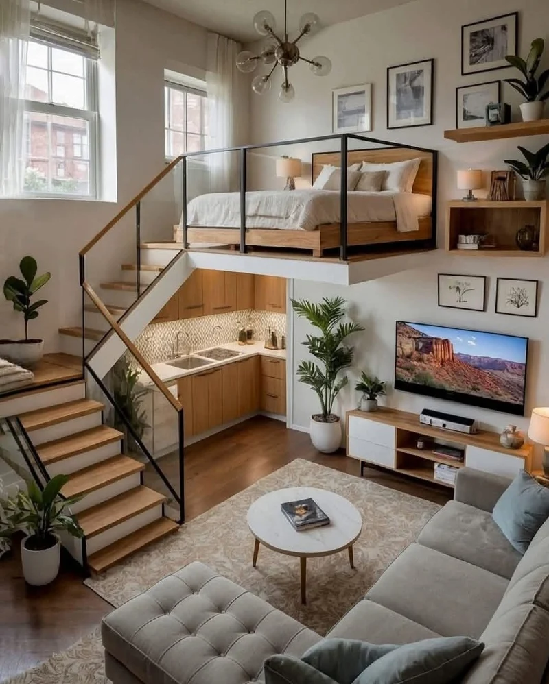 Cantilevered Oak Loft Bed over L-Shaped Kitchen with Brass Sputnik Chandelier