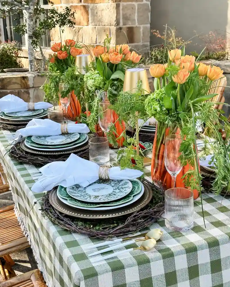 Carrot-Filled Floral Vases on Gingham Tablecloth