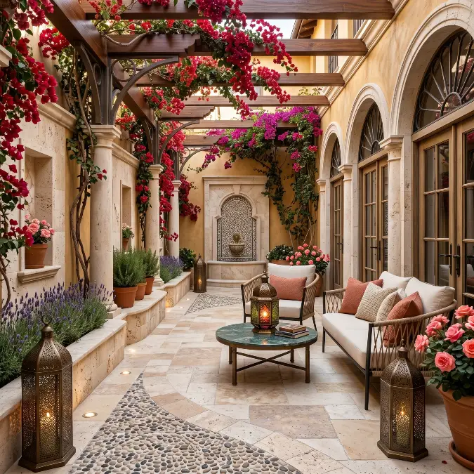 Carved Stone Architecture and Cascading Floral Vines