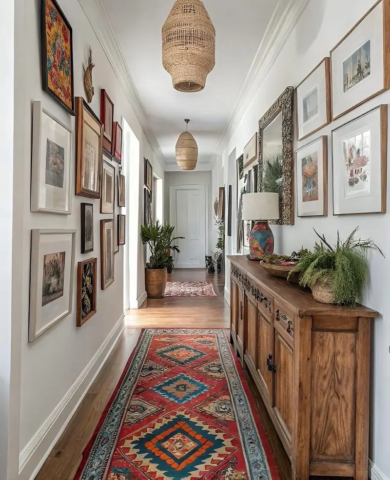 Carved Wood Credenza with Double Gallery Walls and Red Southwestern Runner