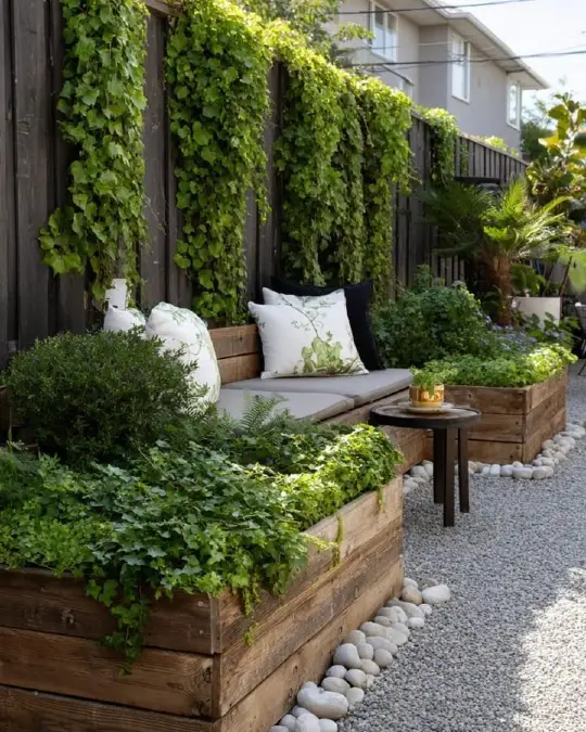 Cascading Ivy Over Dark Fencing With Built In Bench
