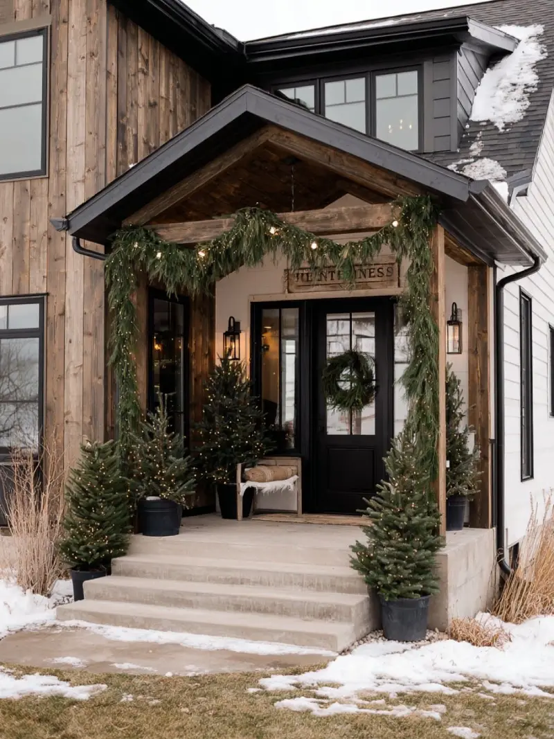 Cedar Garland Arch with Potted Saplings and Warm Bulb Lighting