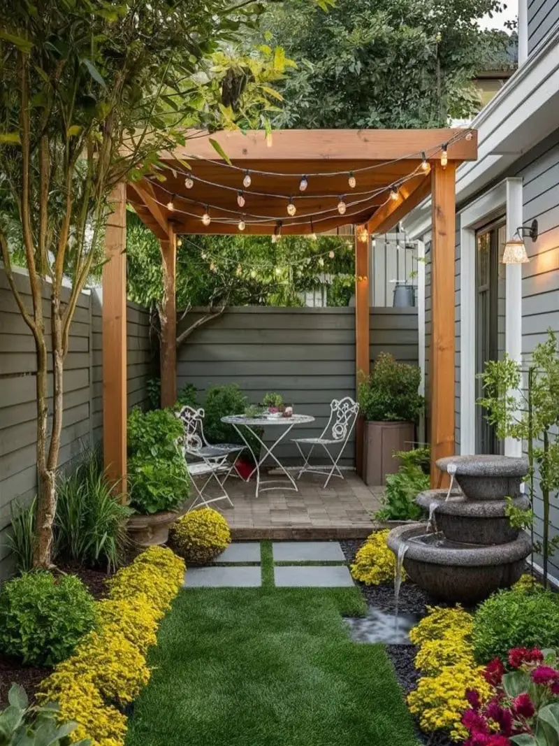 Cedar Pergola Bistro Corner with Tiered Stone Fountain