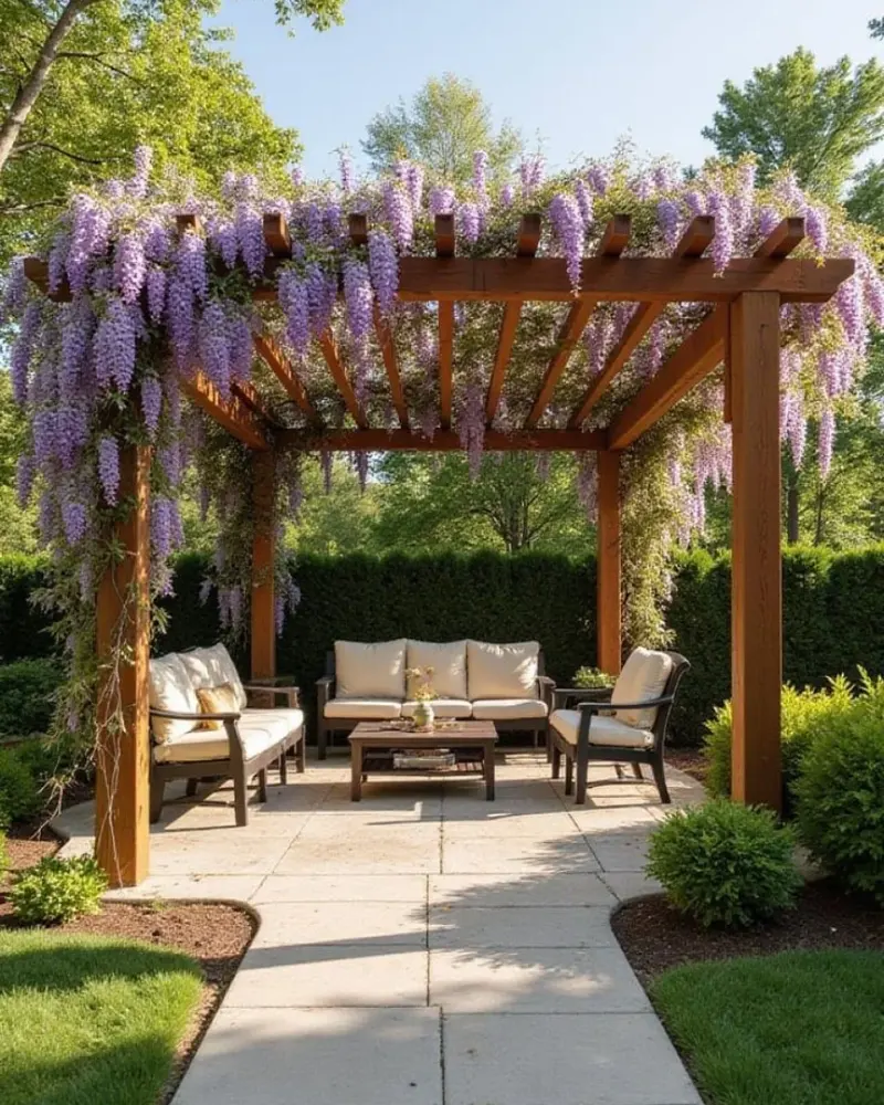 Cedar Pergola Draped with Cascading Wisteria Above a Garden Lounge
