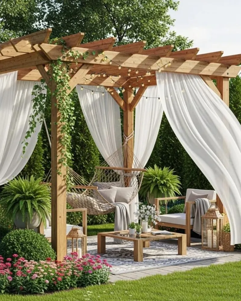 Cedar Pergola with Flowing White Curtains and a Relaxing Hammock Lounge