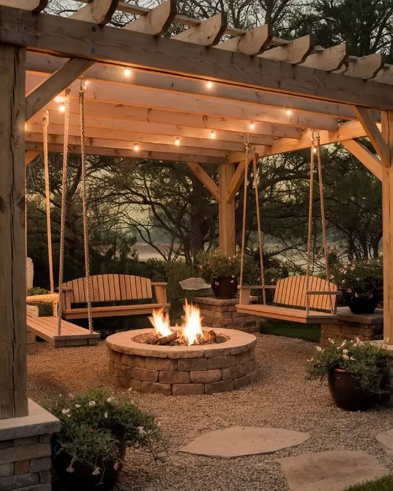 Cedar Pergola with Twin Porch Swings Around a Round Stone Fire Pit