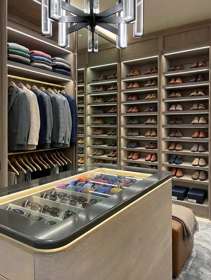 Central Island Jewelry Display with Expansive Vertical Shoe Shelving