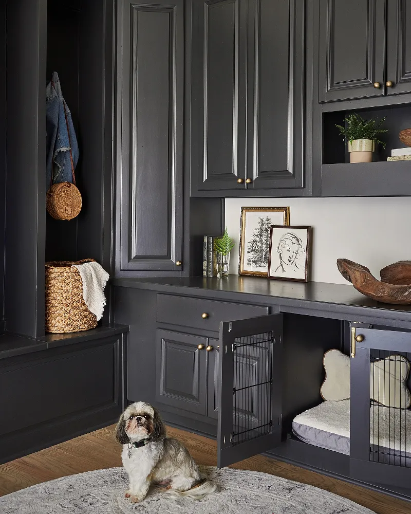 Charcoal Cabinetry Pet Crate with Brass Hardware