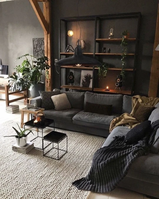 Charcoal Living Room With Ladder Shelving And Woven Textures