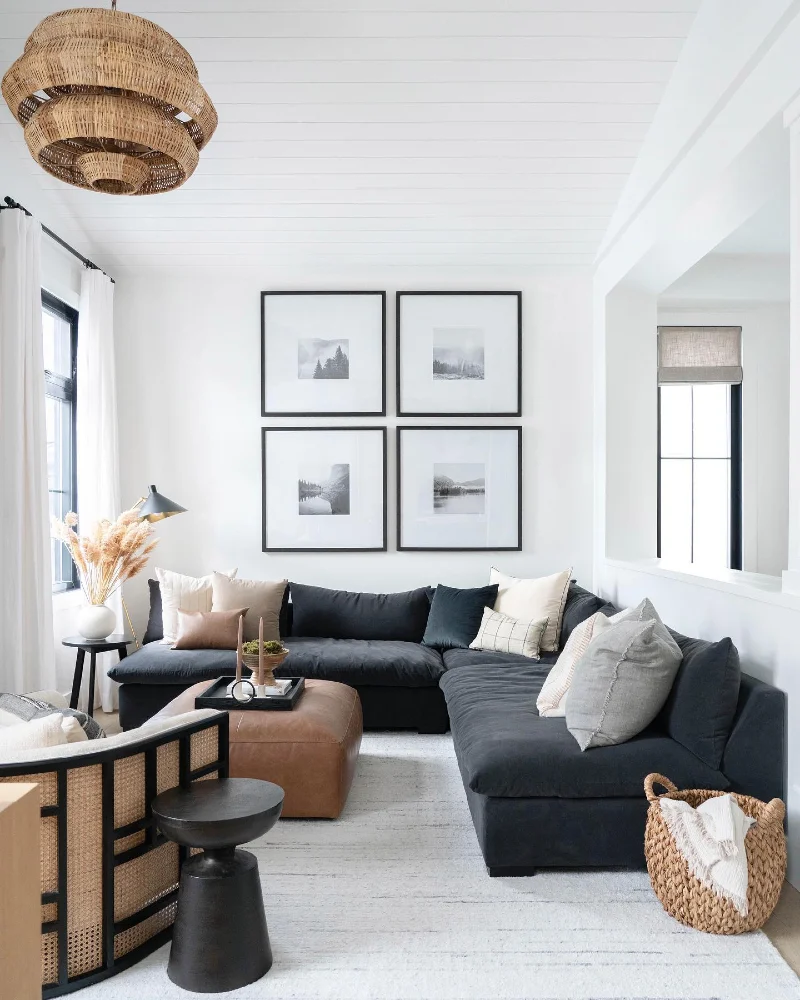 Charcoal Sectional with Grid Gallery Wall and Tiered Woven Pendant