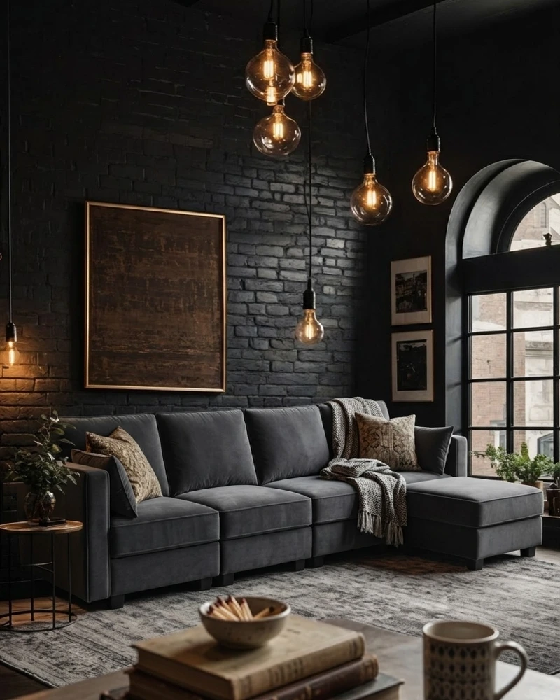 Charcoal Velvet Sectional Against Matte Black Brick
