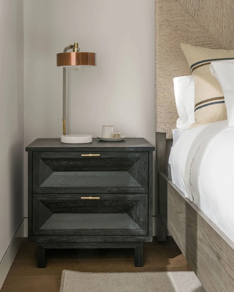 Charcoal Wire-Brushed Nightstand with Beveled Drawers and Copper Lamp