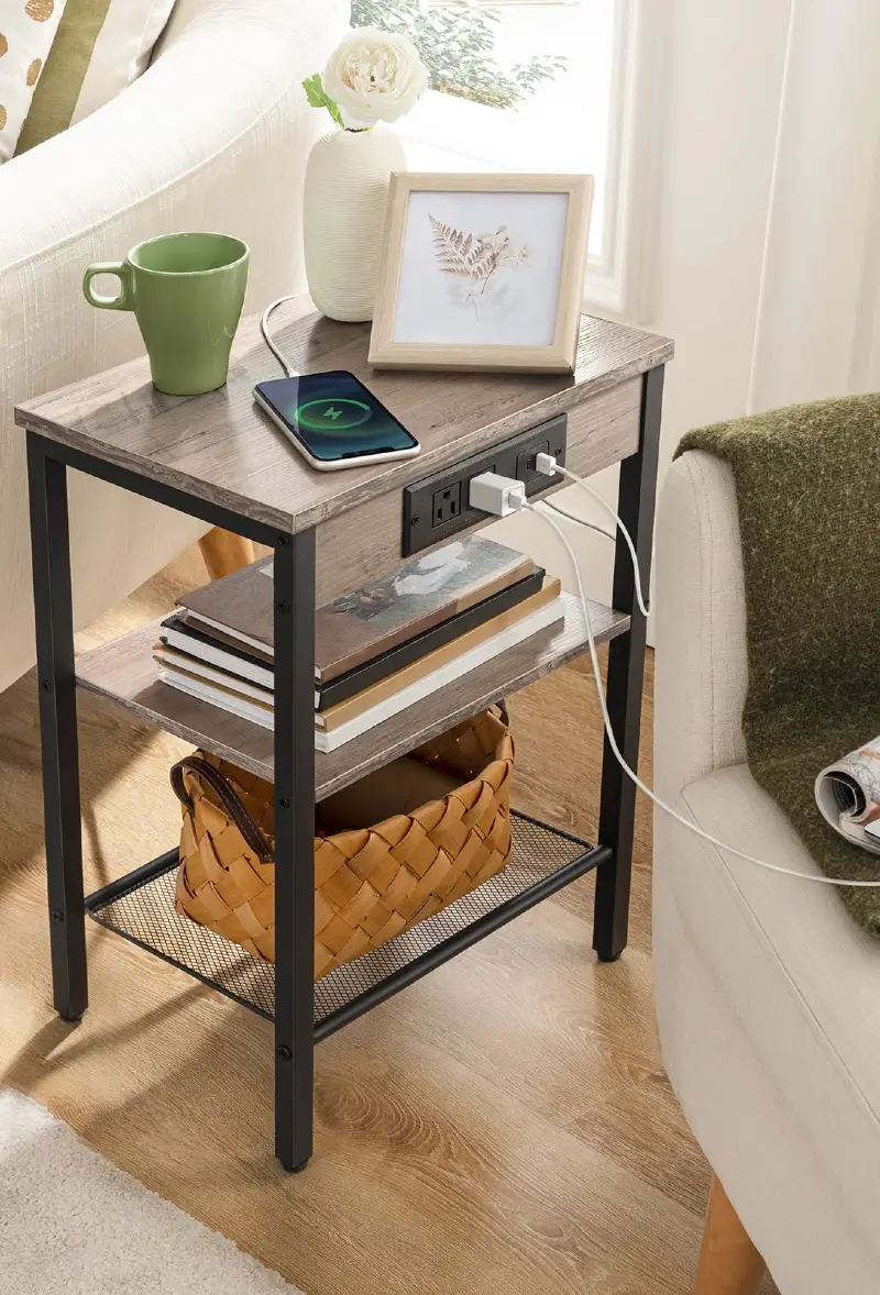 Charging Side Table with Open Shelves and Wireless Power