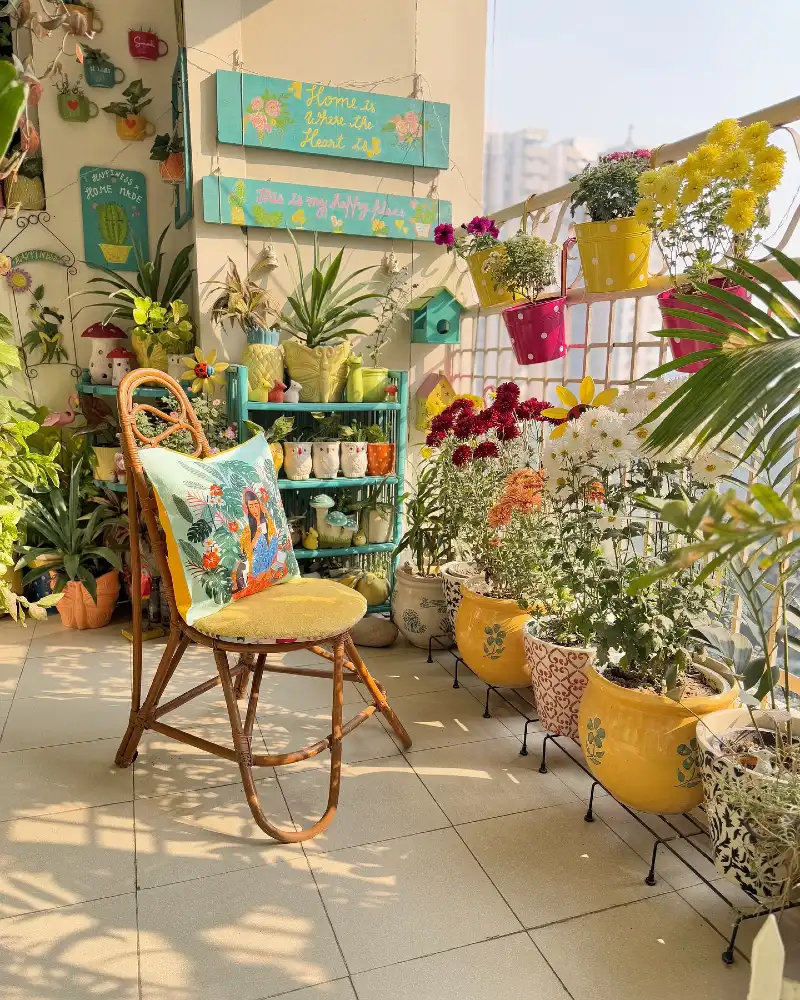 Cheerful Painted Pots with Blooming Flowers and Whimsical Wall Decor