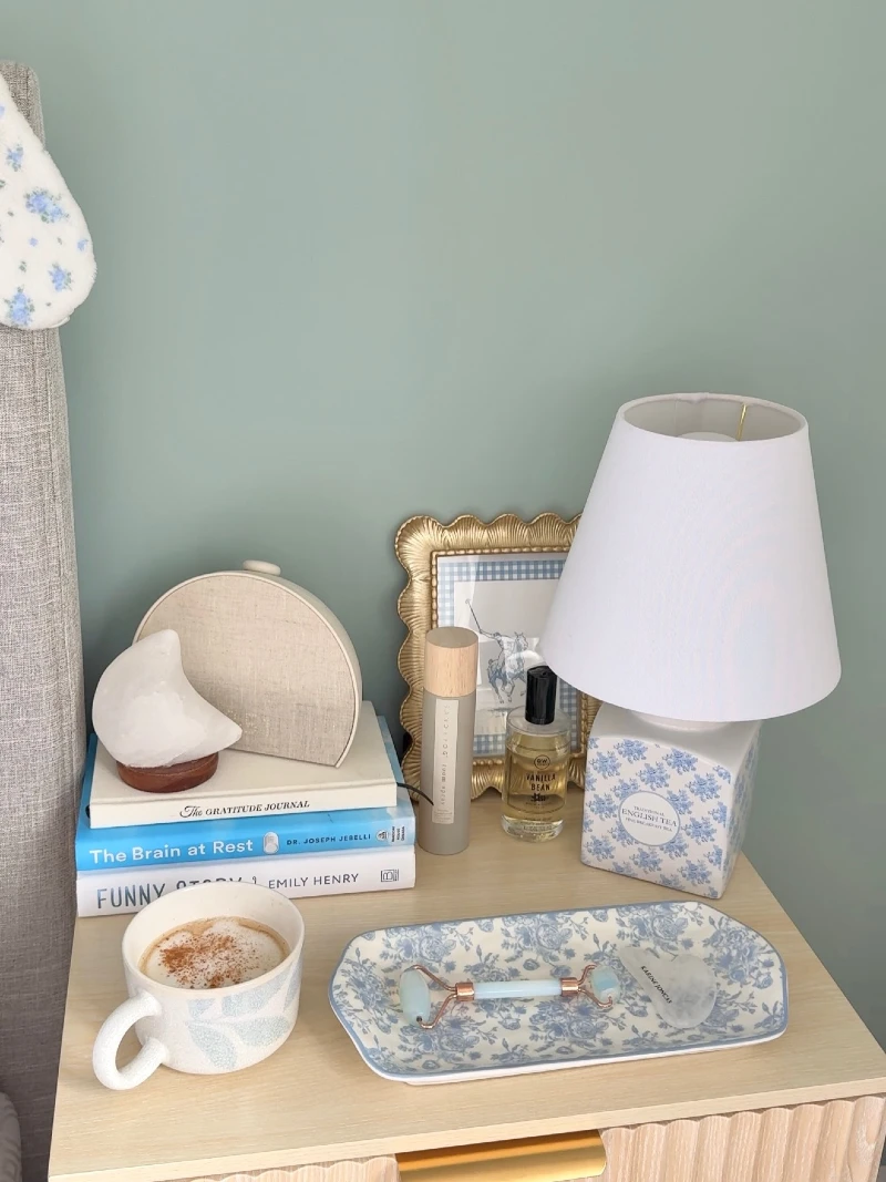 Chinoiserie Tea-Tin Lamp with Blue Floral Tray and Sage Green Backdrop