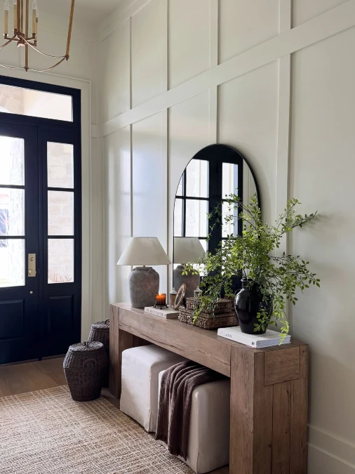 Chunky Wood Consoles and Arched Mirrors