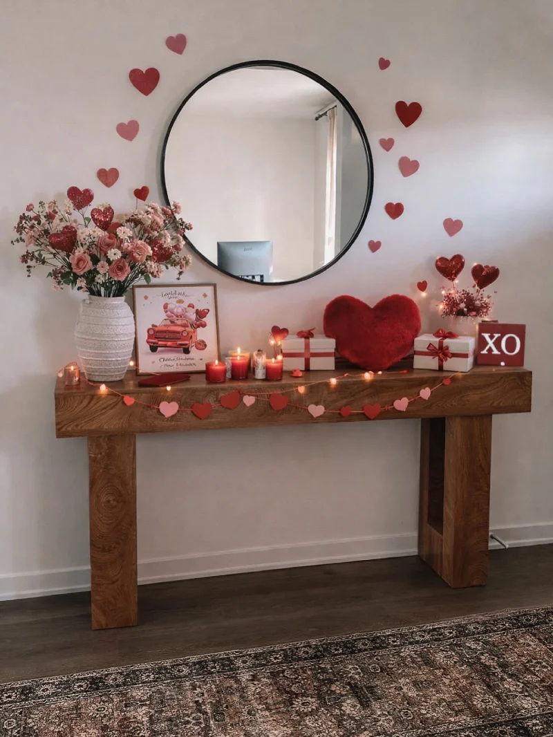 Chunky Wooden Console Table with Soft Pink Florals and Crimson Heart Accents