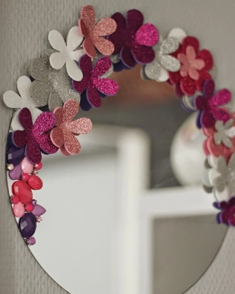 Circular Mirror Bordered with Layered Glitter Foam Flowers and Jeweled Accents
