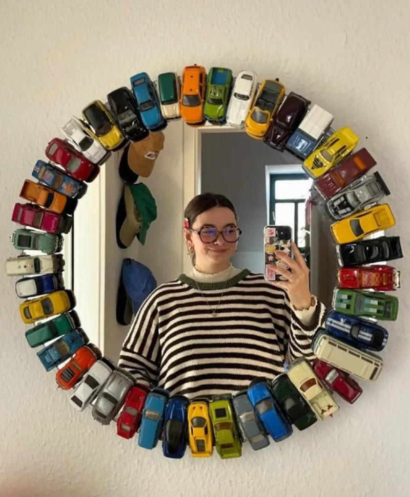 Circular Mirror Rimmed with Multicolored Toy Cars