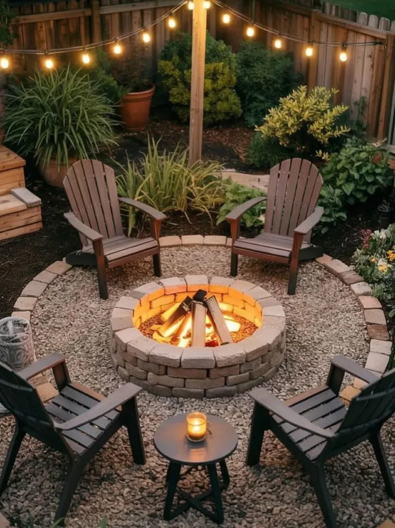 Circular Paver Fire Pit with Adirondack Chairs and Bistro Side Table
