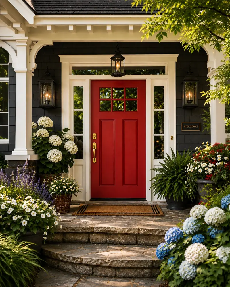 Classic Crimson Front Door with Black Siding and White Hydrangeas
