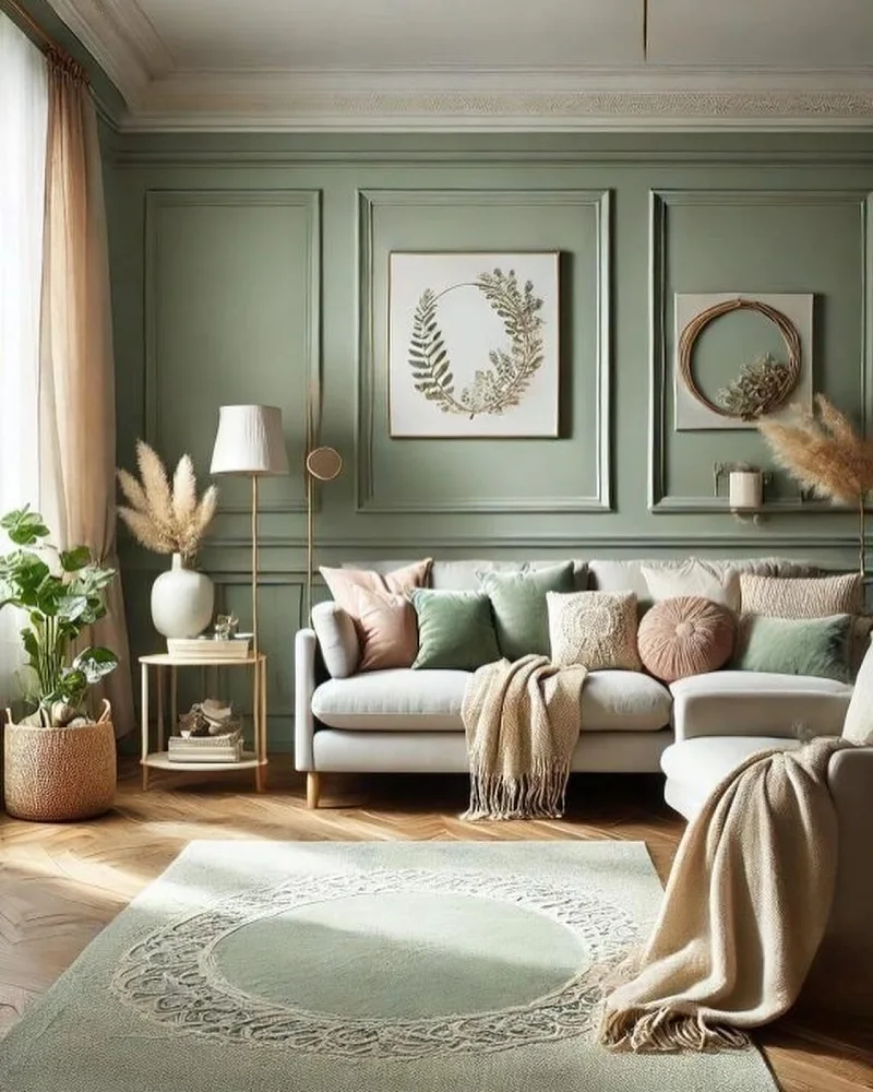 Classic Sage Green Paneled Wall with Cream Sectional and Woven Wreath Accents