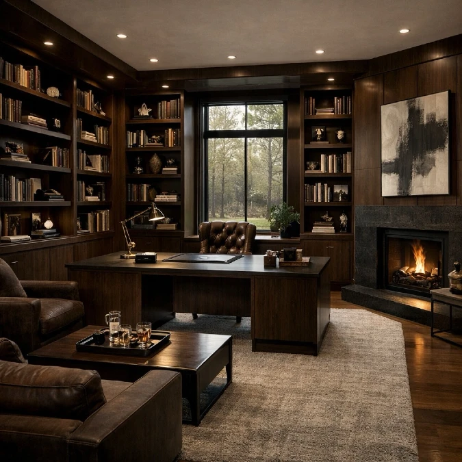 Classic Wood Bookshelves And Fireplace Glow