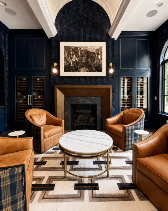 Cognac Leather Chairs And Navy Built Ins