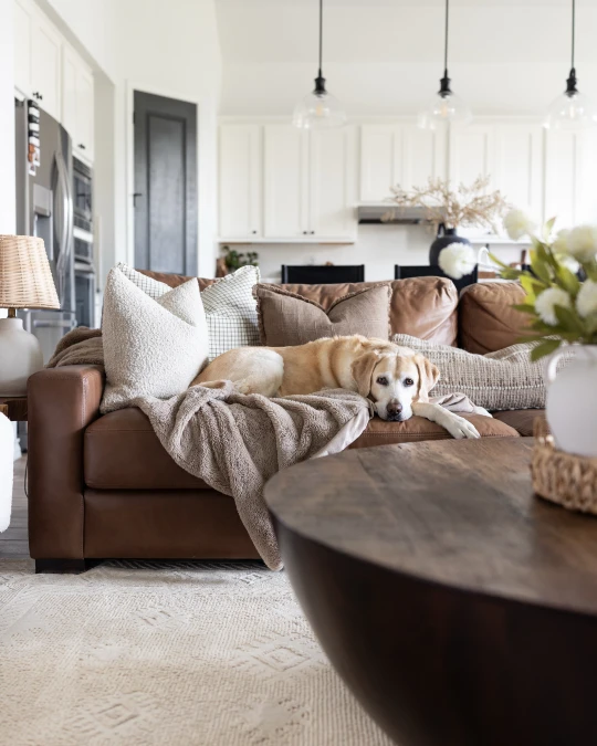 Cognac Leather Sofa Opens Straight Into A Farmhouse Kitchen