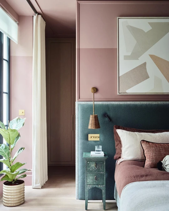 Color Blocked Walls and Teal Headboards