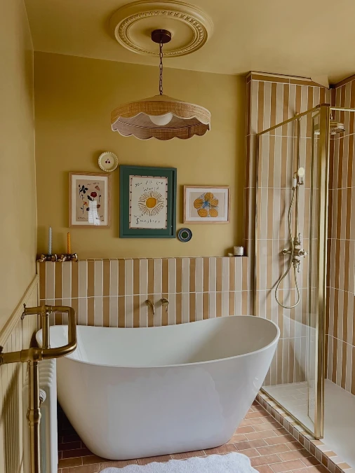 Color Drenched Bathroom with Vertical Striped Tiles