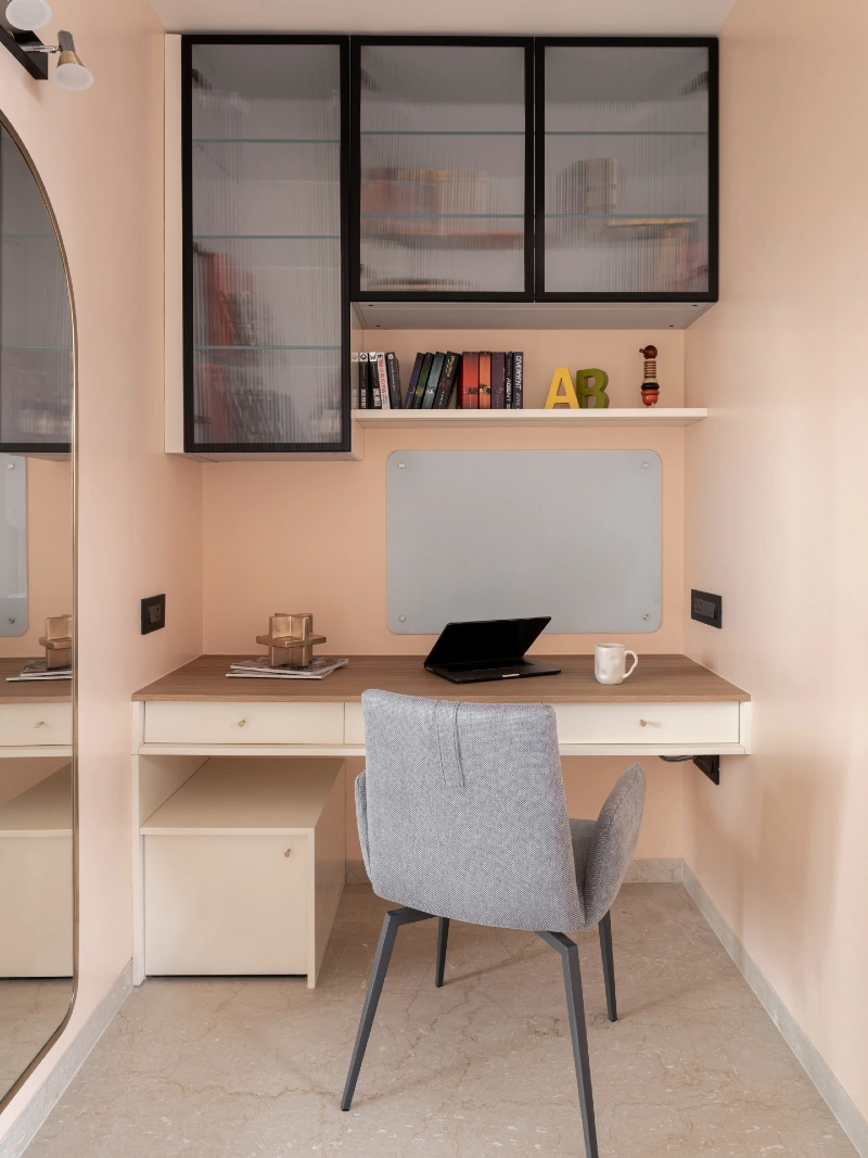 Compact Office Nook with Floating Shelf and Fluted Glass Wall Cabinets