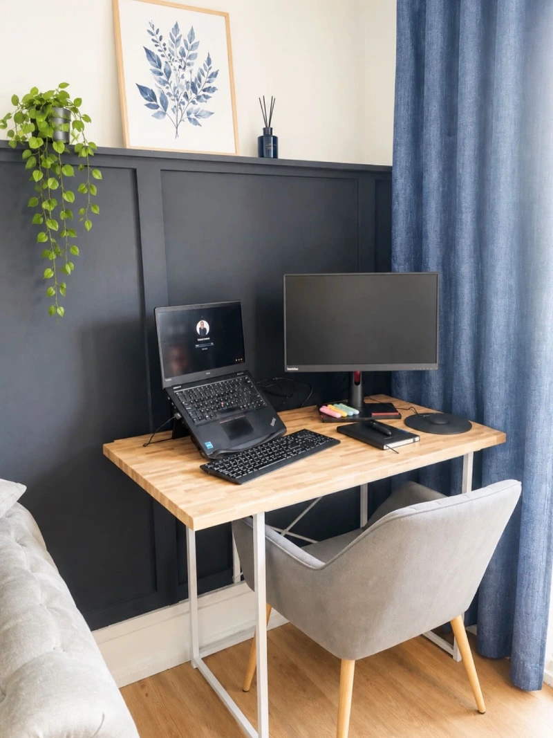  Compact Wood Desk with Black Panel Wall and Soft Blue Linen Curtains