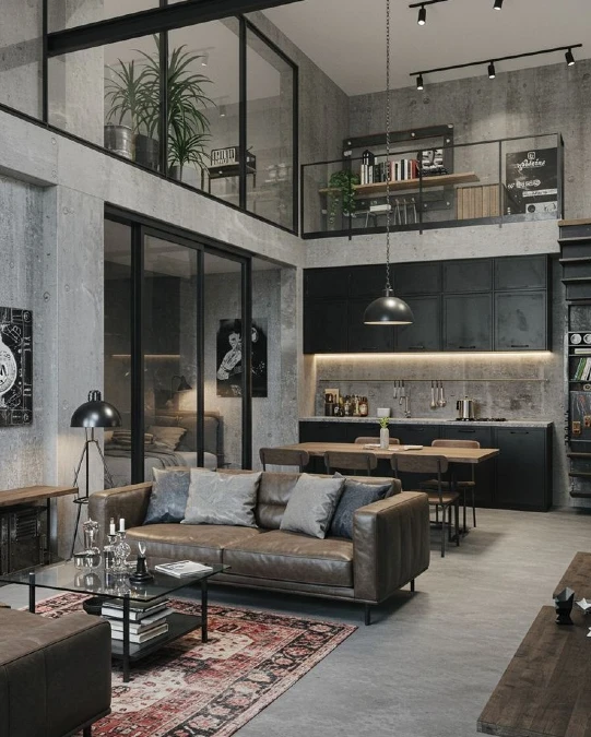 Concrete Loft Living Room With Glass Walled Mezzanine