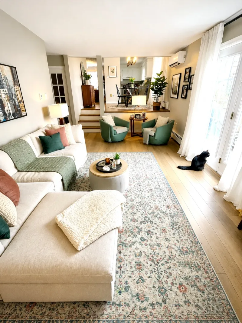 Conversation Corner with Twin Swivel Chairs and Raised Dining Zone